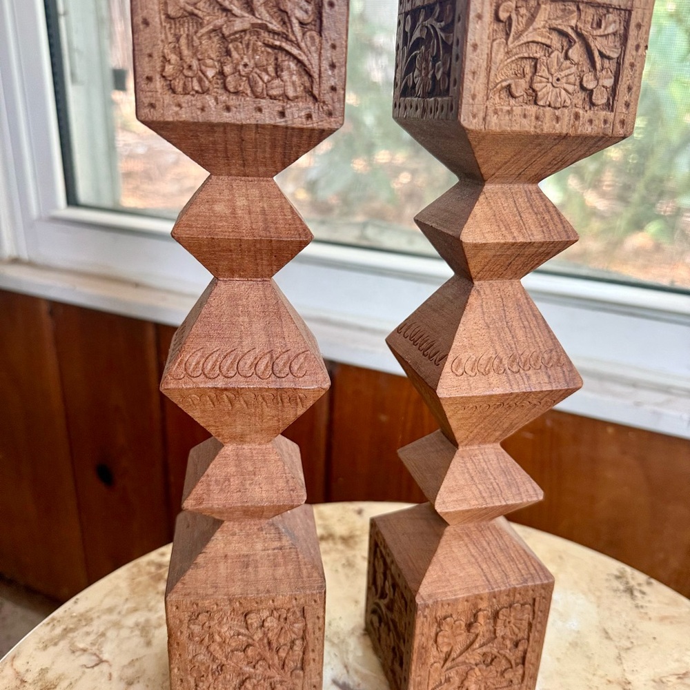 Vintage Geometric Intricate Carved Wooden Candle Holders